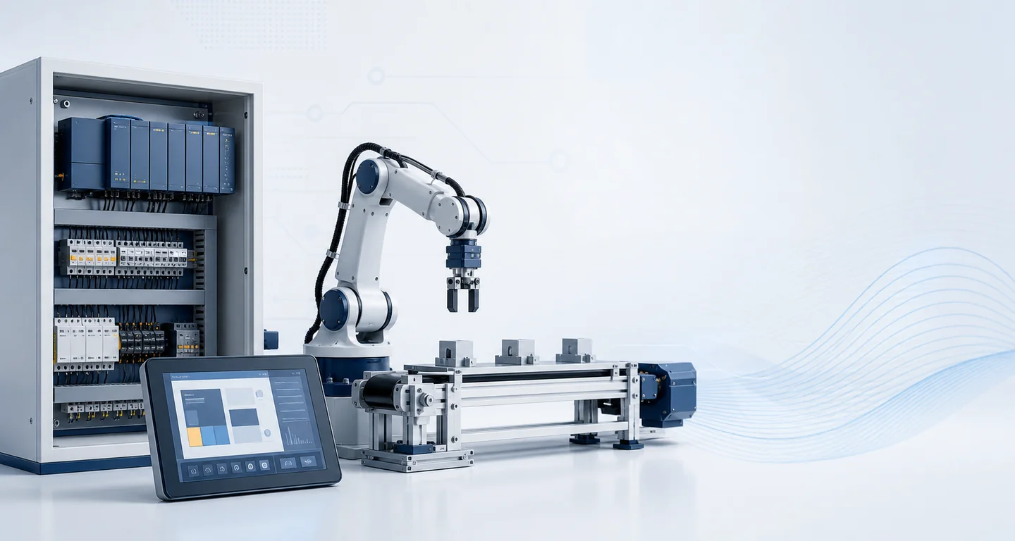 تجهیزات اتوماسیون صنعتی شامل تابلو برق، PLC، ربات و نمایشگر HMI